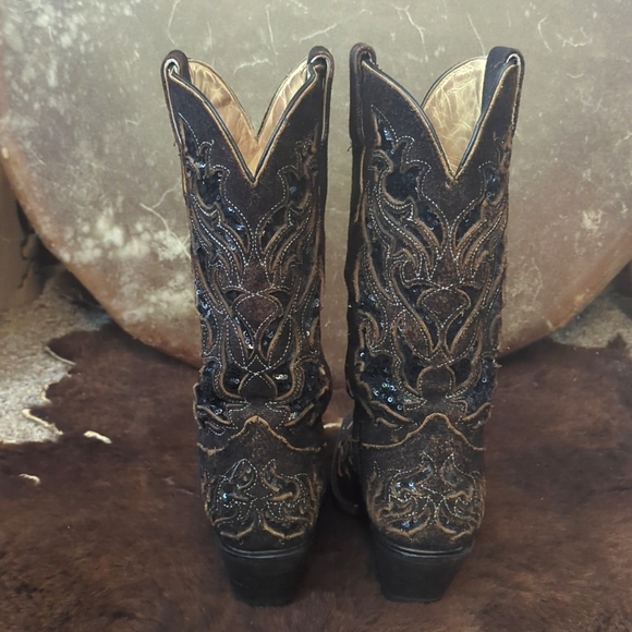 CORRAL R1152 distressed dark brown leather & black sequins cowgirl boots sz 7 - Picture 5 of 16